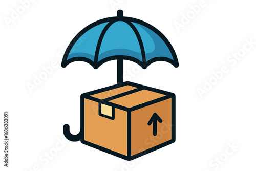 Cartoon umbrella covering box icon concept for digital protection, cloud security, insurance service, safety shield, privacy, web app UI, creative vector illustration, transparent background