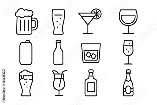 Alcohol drinks and beverages icon set. Line art vector illustration for bar menu, party or celebration. Includes beer, wine, cocktail, whiskey, champagne and liquor icons.