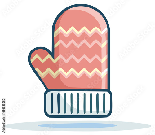 Cute cartoon mitten with zigzag pattern and striped cuff for winter warmth