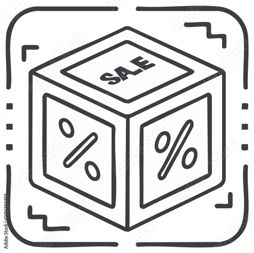 Hand drawn isometric cube with sale and percentage signs for retail promotions and discounts