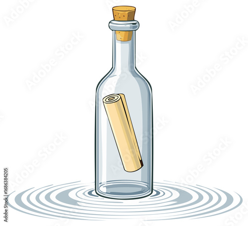 Message in Bottle with Cork Floating on Water Cartoon Style Isolated Concept