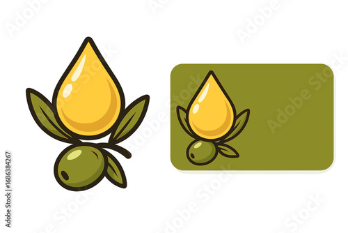 Olive oil drop with green leaves logo and business card design set. Vector illustration for natural organic food branding. Premium quality extra virgin olive oil concept.