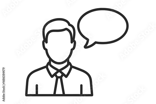 Faceless man with speech bubble vector line icon. Business person avatar for communication, message, talking, opinion, feedback, support, interview, and announcement concept.