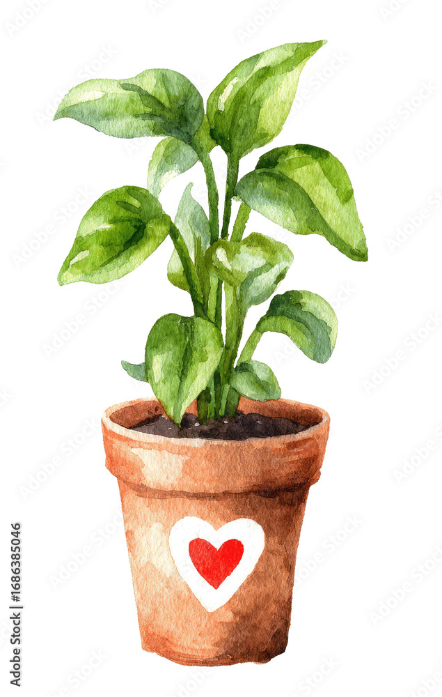 Obraz premium Watercolor illustration of a small potted plant. A terracotta-colored pot contains a lush, leafy plant with vibrant green leaves. A white heart is painted on the pot