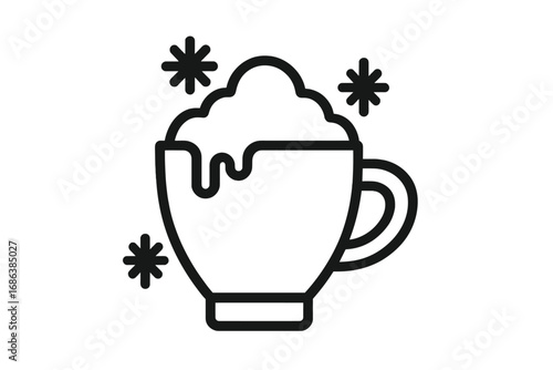 Hot chocolate mug with whipped cream. Winter coffee cup icon. Vector line art pictogram for web design. Christmas cozy cocoa drink symbol. Snowflake and warm beverage concept.