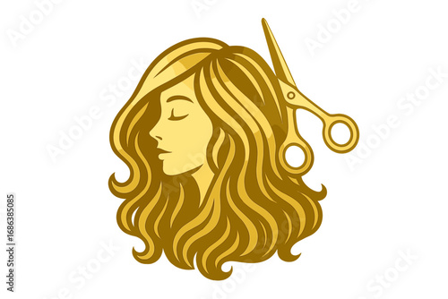 Hair salon logo with woman's profile and scissors. Golden vector icon for hairdresser, beauty spa, or stylist. Elegant glamour hairstyle, haircut, and cosmetic concept.