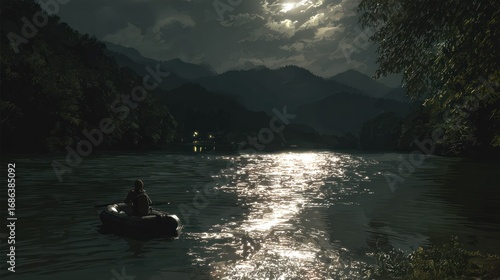Silhouetted figure in a raft on a moonlit river