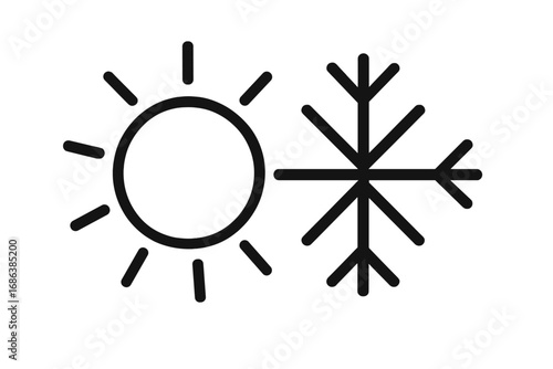 Hot and cold weather icon. Sun and snowflake symbol. Summer and winter seasons concept. Climate, temperature contrast. Heat and frost metaphor. Vector outline graphic design.