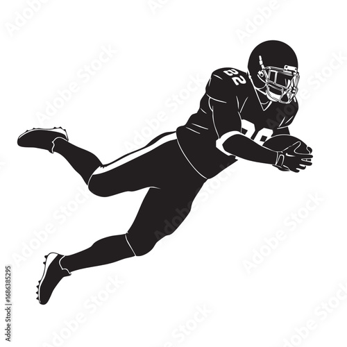 Vector Sports Illustration of American Football Player in Dynamic Pose in Minimalist Style with Black White Color Scheme