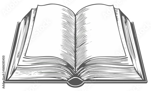 Retro open book with blank pages in a vintage hand drawn engraving illustration style
