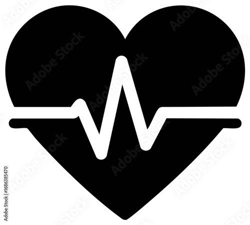 Black Heart Icon with White Pulse Rate Line Symbol Illustration, Medical or Health related vector.
