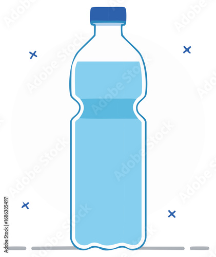 Clear plastic bottle with blue cap filled with fresh drinking water simple vector illustration