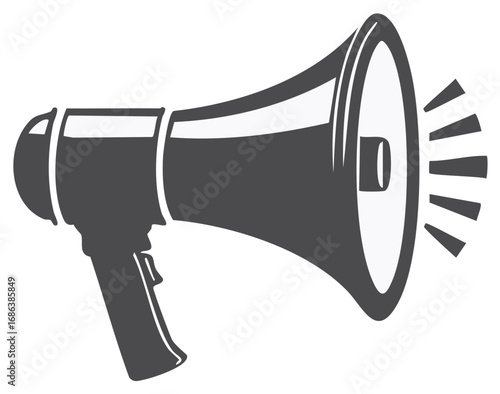 Graphic illustration of a dark gray megaphone emitting sound waves