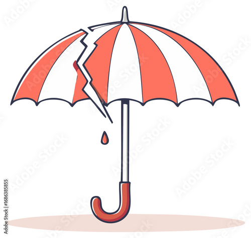 Broken Striped Umbrella with a Raindrop, Protection Failure Cartoon, Weather Symbol