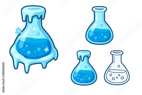 Vector cartoon icon set of a frozen laboratory flask. Symbol of frost resistance and cold temperature. Science experiment concept with an ice potion. Chemistry glassware illustration.