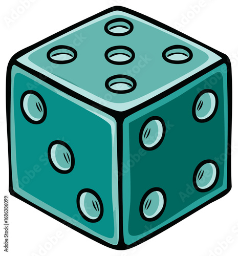 Illustrated single teal six sided die with bold outlines for games of chance
