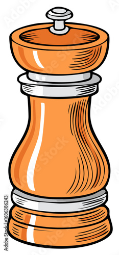 Orange Pepper Mill Illustration with White Trim and Hatching Details, Kitchen Cooking, Traditional Design