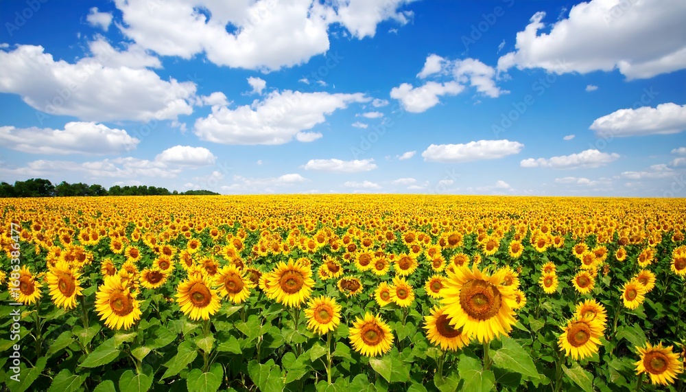 Fototapeta premium A vast expanse of sunflowers stretches under a vibrant summer sky, filled with fluffy white clouds.