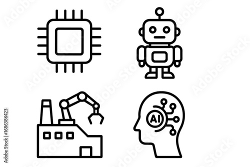 Technology line icon set with chip, robot, factory, and artificial intelligence symbols. Vector outline graphics for concepts like automation, machine learning, and industry 4.0.