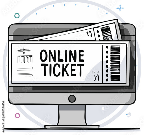 Online Ticket Purchase on Computer Screen with Barcode and Event Illustration