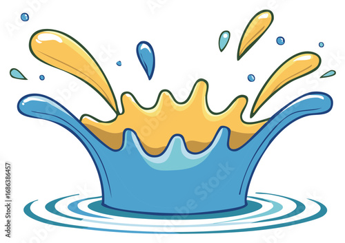 Blue and yellow water splash with ripples and droplets