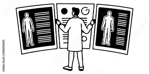 Medical doctor analyzing human body scan x ray reports and data on screen for diagnosis and treatment plan isolated on transparent background 