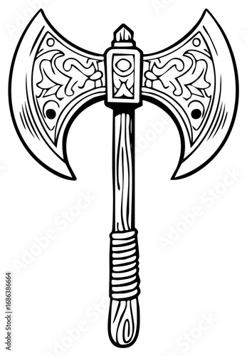 Ancient battle axe with ornamental carvings on the head and a wrapped wooden handle, a powerful weapon icon.
