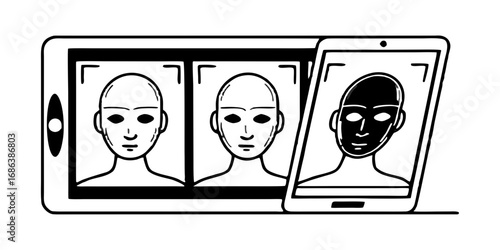 Face recognition technology on devices showing human faces and face detection using ai and machine learning isolated on transparent background 