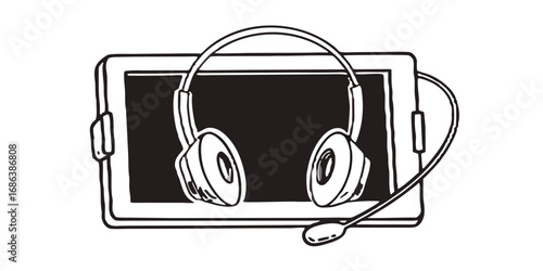 Headset tablet communication device technology digital call center gadget audio equipment microphone gadget device isolated on transparent background 