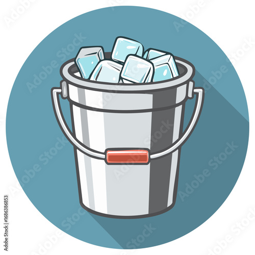 Flat design vector illustration of a metallic bucket filled with refreshing ice cubes