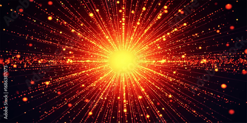 An abstract fractal burst of bright, glowing star-like energy beams across a fiery orange space