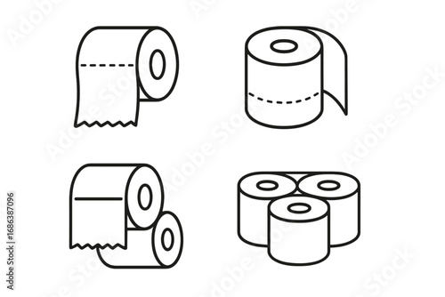 Toilet paper roll thin line icon set. Vector bundle of hygiene tissue pictograms. Bathroom sanitary paper, lavatory, WC items. Editable stroke outline illustrations isolated.