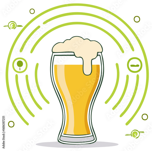 Foamy glass of lager beer with abstract green Wi-Fi signal waves, a modern vector icon