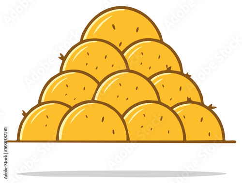 Cartoon haystacks arranged into a pyramid formation against a white backdrop.