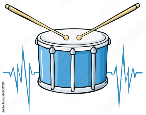 Vibrant blue cartoon drum with drumsticks and a dynamic sound wave graphic for music or rhythm concepts.
