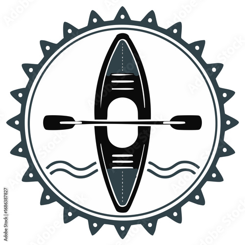 Adventure sport kayak and paddle vector icon with water ripples in a unique frame