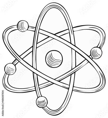 Black and white line art illustration of a classic atom model symbol.