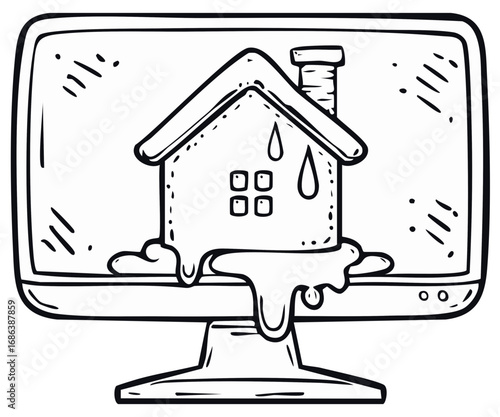 Melting House Illustration on Computer Screen