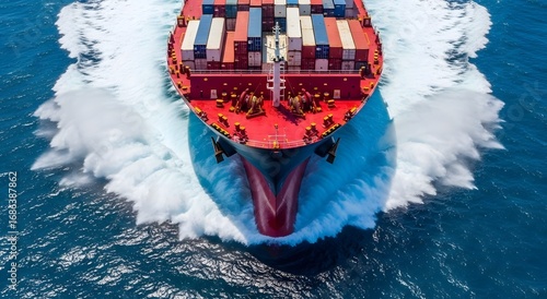Container Ship Bow View Cutting Through Ocean Water.