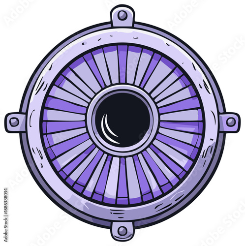 Round purple jet engine turbine detail with metallic casing and bolts