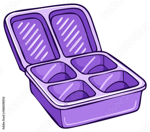 Cartoon purple lunch box with multiple open compartments for food storage