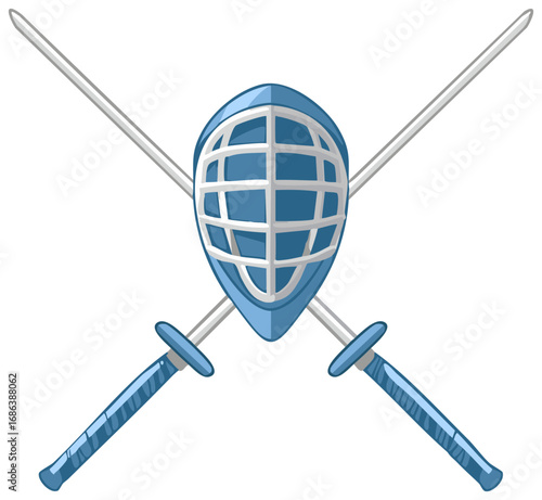Blue Fencing Mask with Crossed Swords Cartoon Illustration for Sports