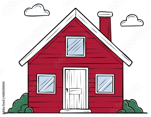 Charming illustrated red house with white trim and chimney, featuring windows, a door, and green bushes under clouds