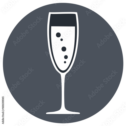 Minimalist Champagne Flute Glass with Sparkling Bubbles Icon on Dark Circle Background