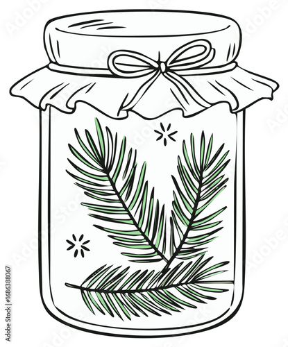 Hand drawn illustration of pine branches preserved in a decorated glass jar for the winter season