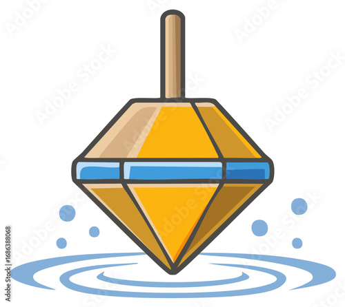 Golden Spinning Top Toy with Blue Band and Water Ripples Cartoon Illustration