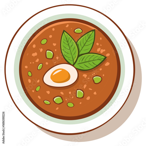 Bowl of soup with egg, basil, and peas. Top view illustration.