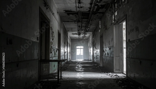 dark abandoned hospital hallway with eerie atmosphere