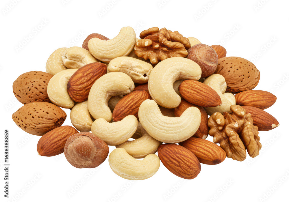 Fototapeta premium Pile of mixed nuts including almonds, cashews, and walnuts isolated on white isolated on transparent background