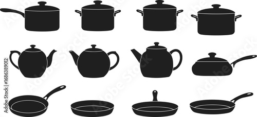 Kitchen cookware set, black silhouette icons, cooking pots, frying pans, teapots, kitchen utensils, cookware collection, home cooking essentials, kitchen tools
